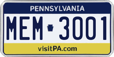 PA license plate MEM3001