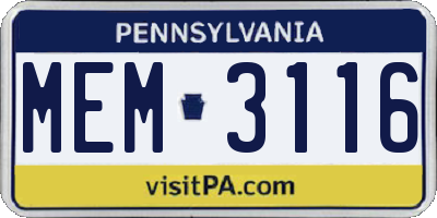 PA license plate MEM3116