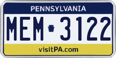 PA license plate MEM3122