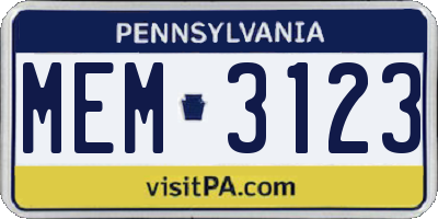 PA license plate MEM3123