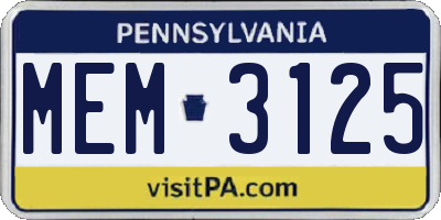 PA license plate MEM3125