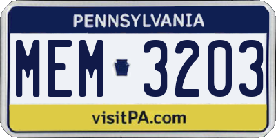 PA license plate MEM3203