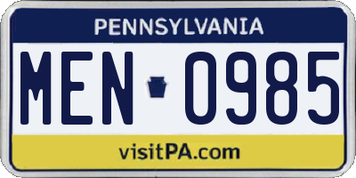 PA license plate MEN0985