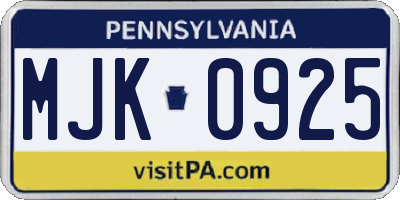 PA license plate MJK0925