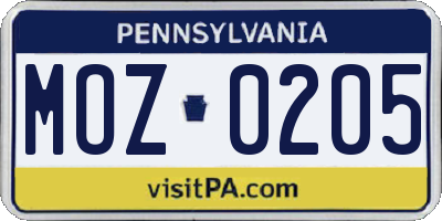 PA license plate MOZ0205