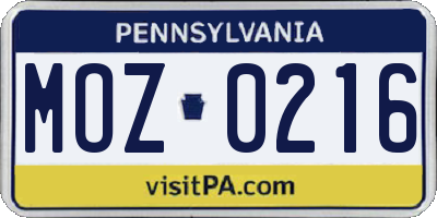 PA license plate MOZ0216