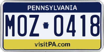 PA license plate MOZ0418