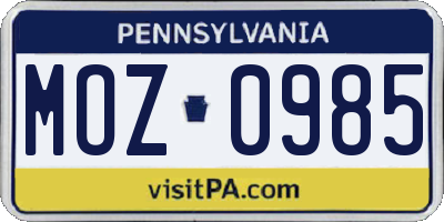 PA license plate MOZ0985
