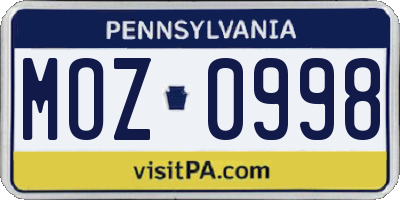 PA license plate MOZ0998
