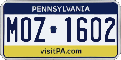 PA license plate MOZ1602