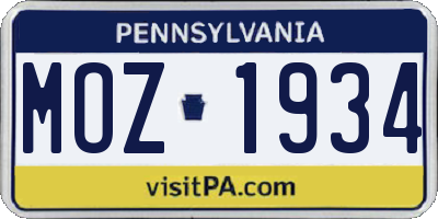 PA license plate MOZ1934