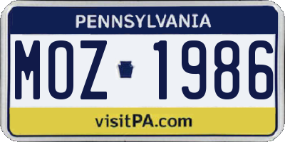 PA license plate MOZ1986