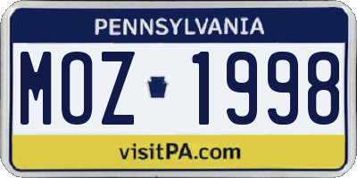 PA license plate MOZ1998