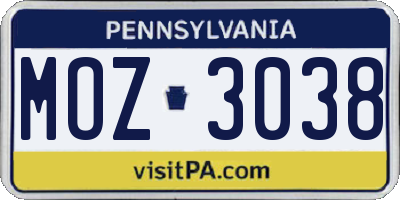PA license plate MOZ3038