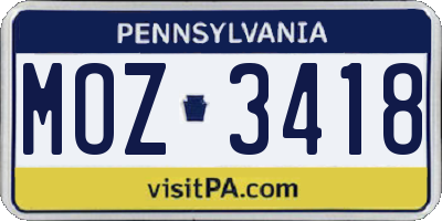 PA license plate MOZ3418