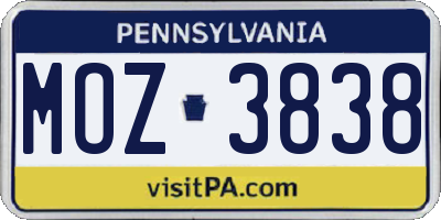 PA license plate MOZ3838