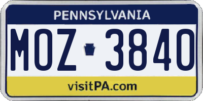 PA license plate MOZ3840