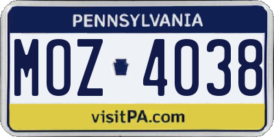 PA license plate MOZ4038