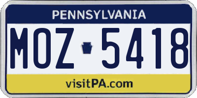 PA license plate MOZ5418