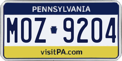PA license plate MOZ9204