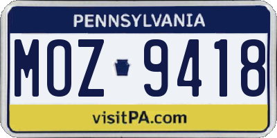 PA license plate MOZ9418