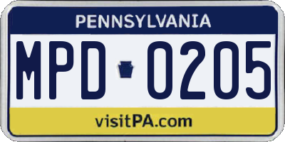 PA license plate MPD0205