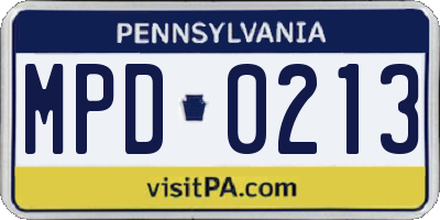 PA license plate MPD0213