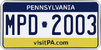 PA license plate MPD2003
