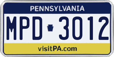 PA license plate MPD3012