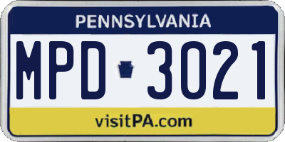PA license plate MPD3021