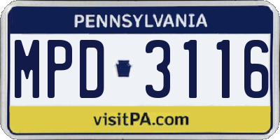 PA license plate MPD3116