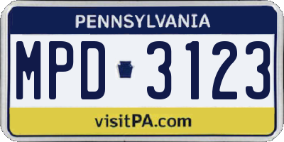 PA license plate MPD3123