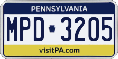 PA license plate MPD3205