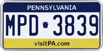 PA license plate MPD3839