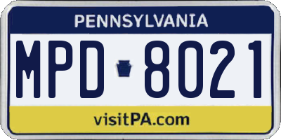 PA license plate MPD8021