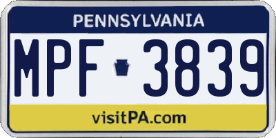 PA license plate MPF3839