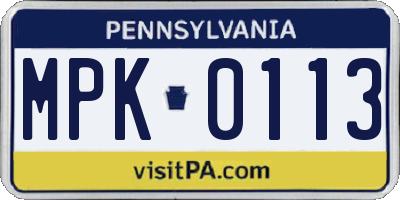 PA license plate MPK0113