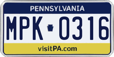 PA license plate MPK0316
