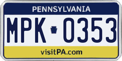 PA license plate MPK0353
