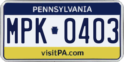 PA license plate MPK0403