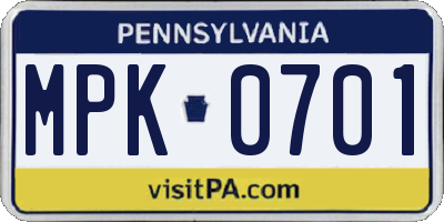 PA license plate MPK0701