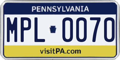 PA license plate MPL0070