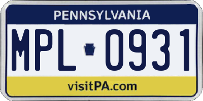 PA license plate MPL0931