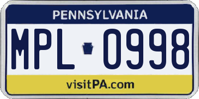 PA license plate MPL0998