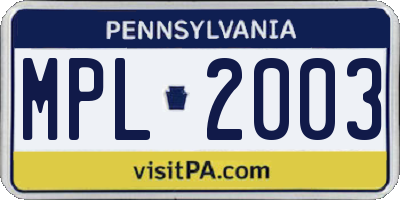 PA license plate MPL2003