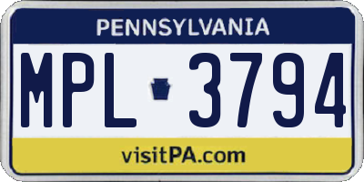 PA license plate MPL3794