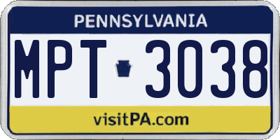 PA license plate MPT3038