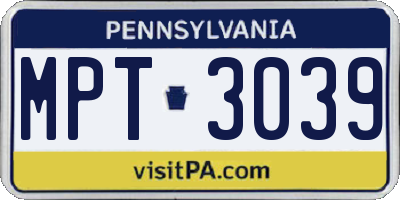 PA license plate MPT3039