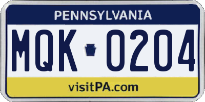 PA license plate MQK0204