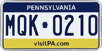 PA license plate MQK0210